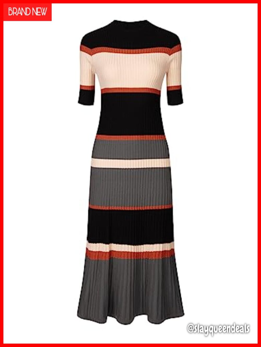 Ribbed Knit Striped Midi Dress Short Sleeve Mock Neck Sweater Dress